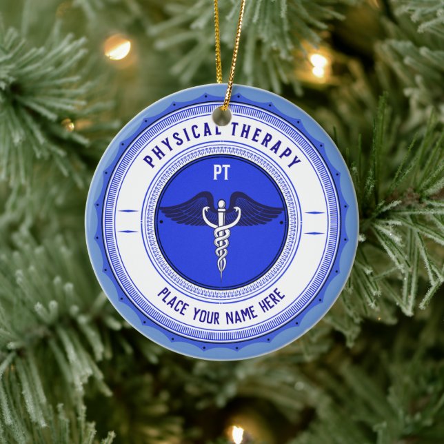Personalized Blue Physical Therapy Caduceus Ceramic Ornament (Tree)