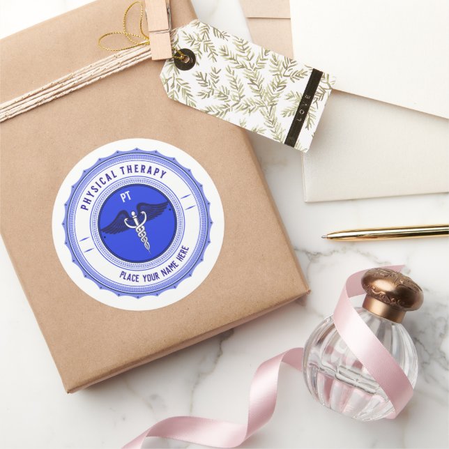 Personalized Blue Physical Therapy Caduceus Classic Round Sticker (Gifting)
