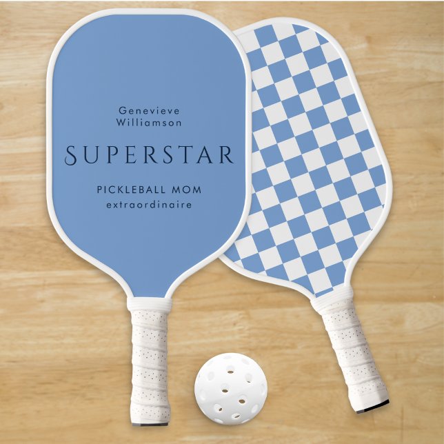 Personalized Blue Pickleball Mom Superstar Custom  Paddle (A custom blue pickleball paddle, with 'Superstar Mom' theme and checkered pattern on reverse side)