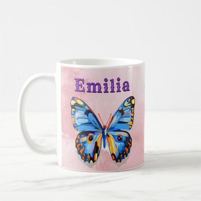 Personalized Blue Pink Butterfly Custom Preppy Coffee Mug (Left)