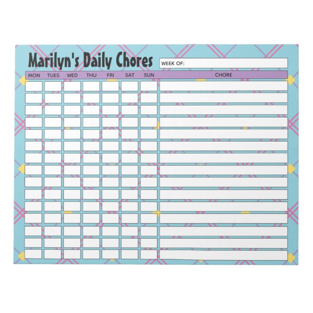 Personalized Blue & Pink Plaid Daily Chores Chart Notepad (Front)