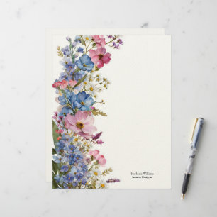 Personalized Blue Pink White Wildflowers Florals Letterhead