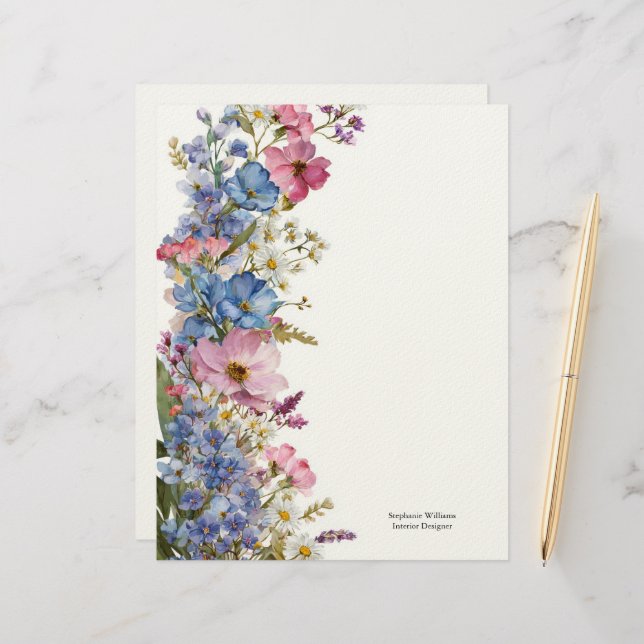 Personalized Blue Pink White Wildflowers Florals  Letterhead (Front/Back In Situ)