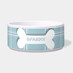 Personalized blue plaid dog bone pet food bowl