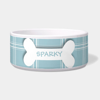 Personalized blue plaid dog bone pet food bowl