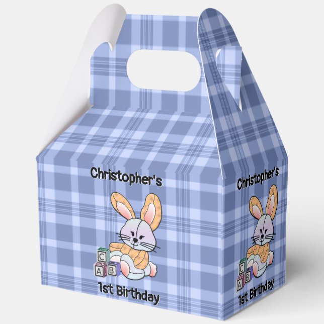 Personalized Blue Plaid Nursery Art - Bunny Favor Box (Back)