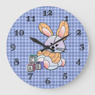 Personalized Blue Plaid Nursery Art - Bunny Large Clock