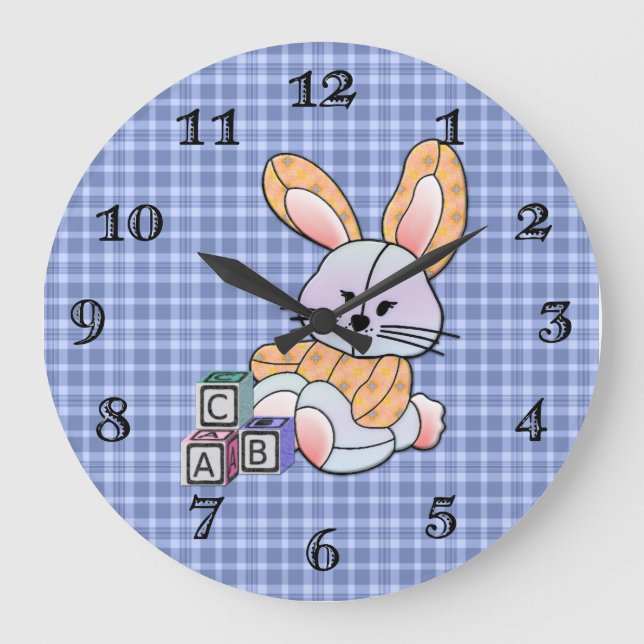 Personalized Blue Plaid Nursery Art - Bunny Large Clock (Front)