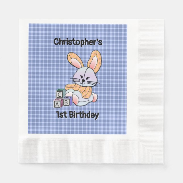 Personalized Blue Plaid Nursery Art - Bunny Napkin (Front)