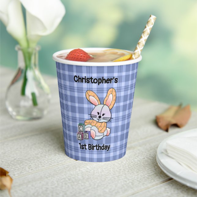 Personalized Blue Plaid Nursery Art - Bunny Paper Cups (Insitu)