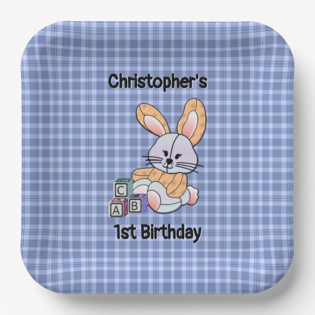 Personalized Blue Plaid Nursery Art - Bunny Paper Plate (Front)