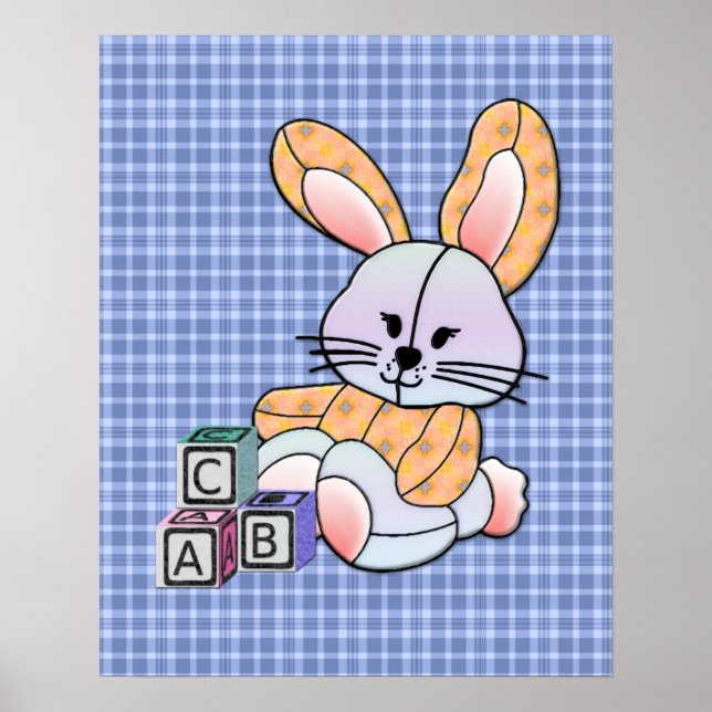 Personalized Blue Plaid Nursery Art - Bunny Poster (Front)
