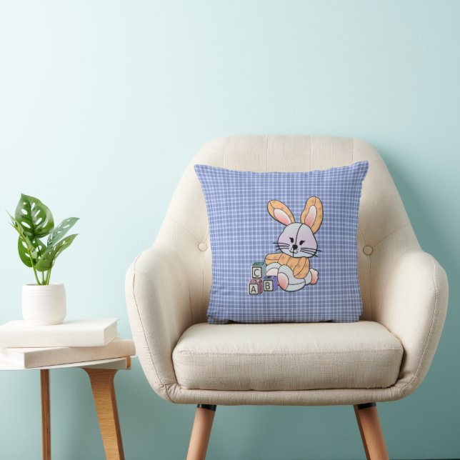 Personalized Blue Plaid Nursery Art - Bunny Throw Pillow (Chair)