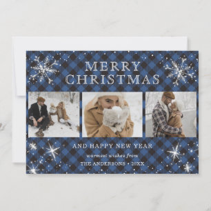 Personalized Blue Plaid Snowflake 3 Photo Collage Holiday Card