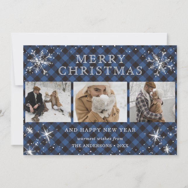 Personalized Blue Plaid Snowflake 3 Photo Collage Holiday Card (Front)