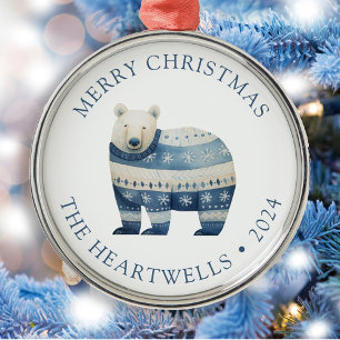Personalized Blue Polar Bear Merry Christmas Metal Ornament