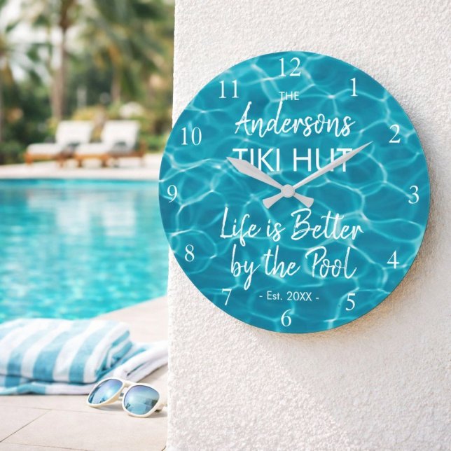 Personalized Blue Pool Family Name Tiki Hut Large Clock (Creator Uploaded)