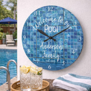 Personalized Blue Pool Water Welcome to our Pool Large Clock