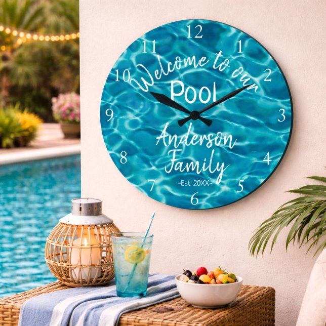 Personalized Blue Pool Water Welcome to our Pool Large Clock (Creator Uploaded)