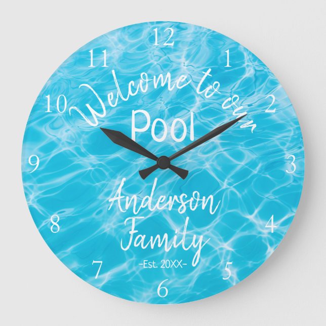 Personalized Blue Pool Water Welcome to our Pool Large Clock (Front)