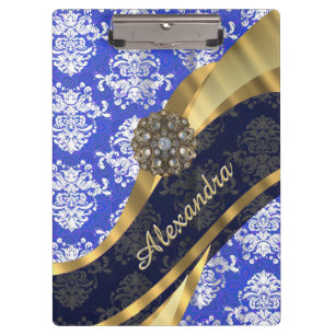 Personalized blue pretty girly damask pattern clipboard