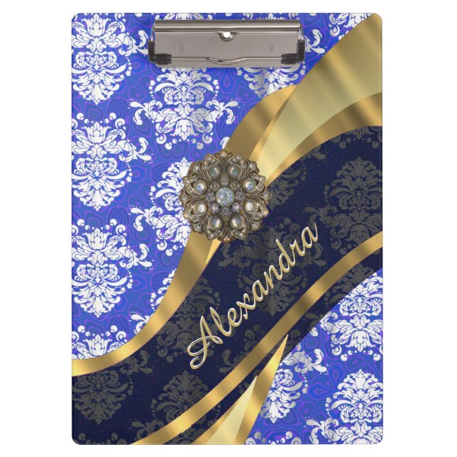 Personalized blue pretty girly damask pattern clipboard (Front)