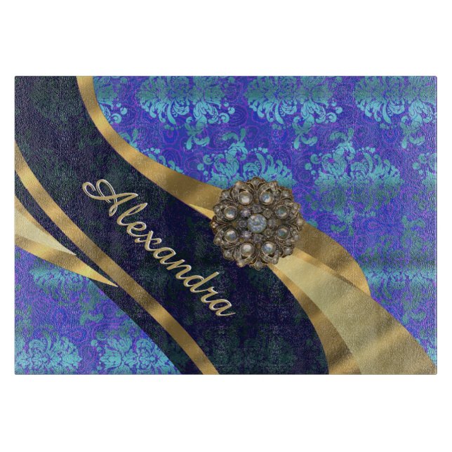 Personalized blue pretty girly damask pattern cutting board (Front)