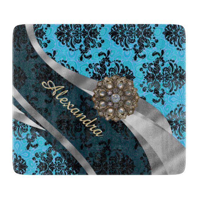 Personalized blue pretty girly damask pattern cutting board (Front)