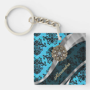 Personalized blue pretty girly damask pattern keychain
