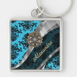 Personalized blue pretty girly damask pattern keychain