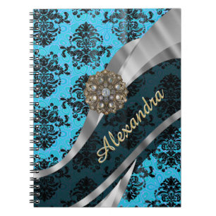 Personalized blue pretty girly damask pattern notebook