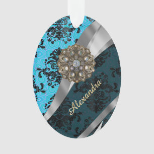 Personalized blue pretty girly damask pattern ornament