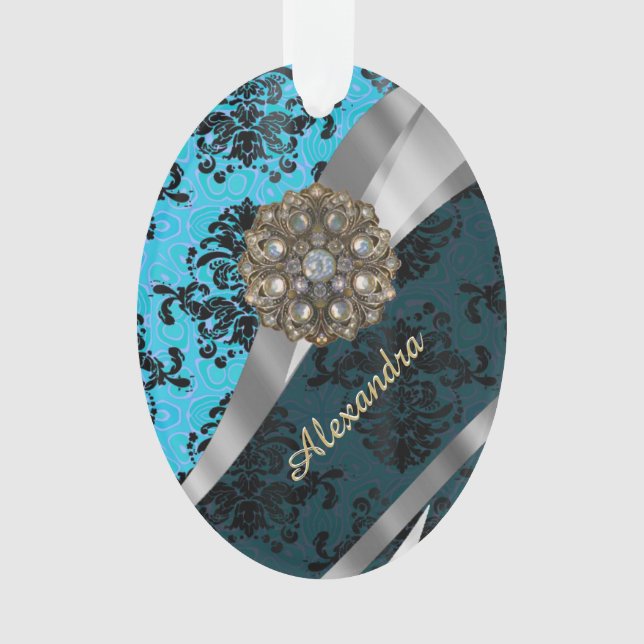 Personalized blue pretty girly damask pattern ornament (Front)