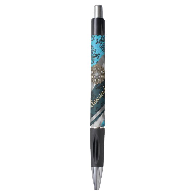 Personalized blue pretty girly damask pattern pen (Front Vertical)