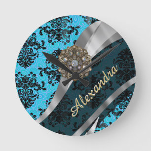 Personalized blue pretty girly damask pattern round clock