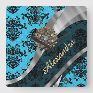 Personalized blue pretty girly damask pattern square wall clock
