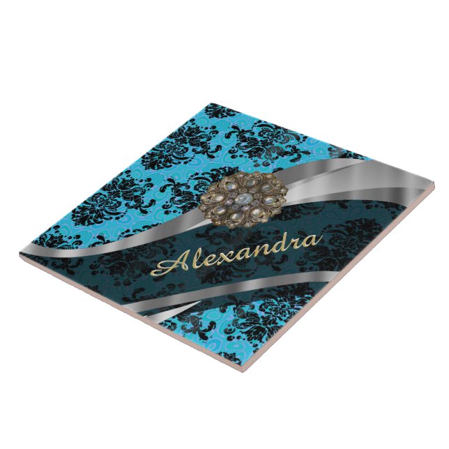 Personalized blue pretty girly damask pattern tile (Side)