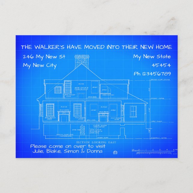 Personalized Blue Print Moving Notice, Trendy  Postcard (Front)