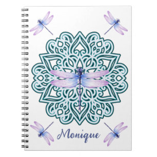 Personalized Blue Purple Mandala Dragonfly White Notebook