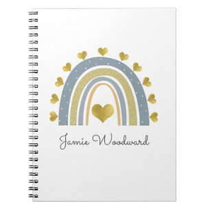 Personalized Blue Rainbow Golden Hearts 3 Ring Bin Notebook