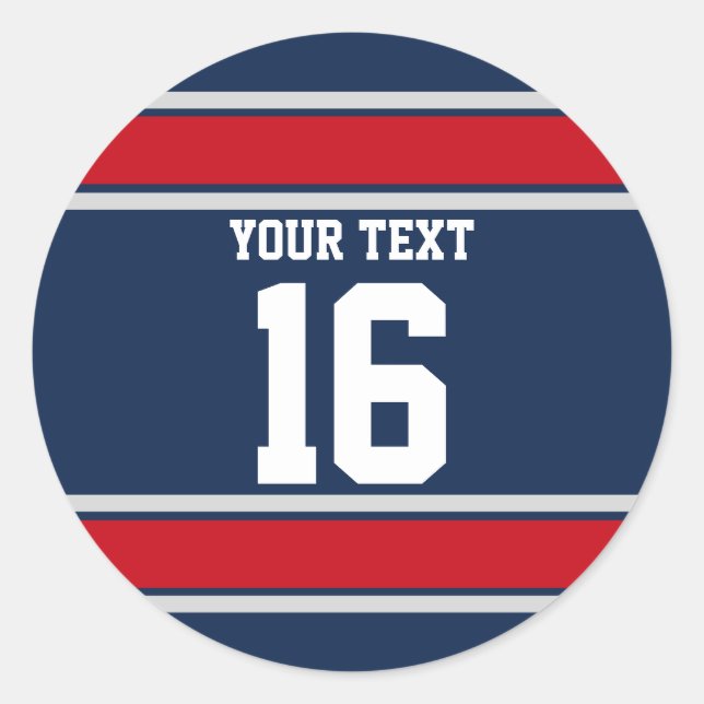 Personalized Blue Red and Silver Sport Stripes Classic Round Sticker (Front)