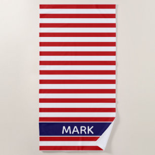 Personalized  Blue Red And White Cabana Stripe Beach Towel
