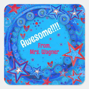 Personalized Blue Red Stars Motivational Teacher Square Sticker