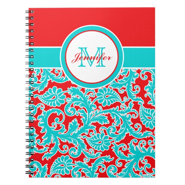 Personalized Blue Red White Damask Notebook (Front)
