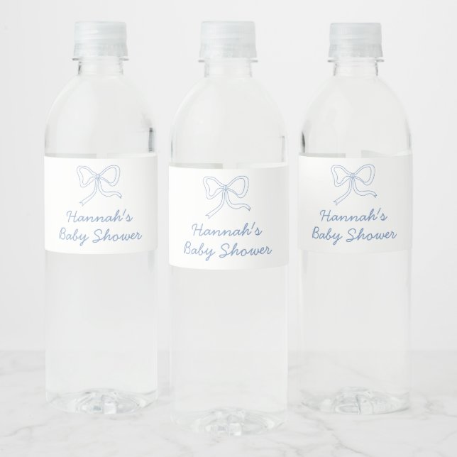 Personalized Blue Ribbon Coquette Bow Baby Shower Water Bottle Label (Bottles)