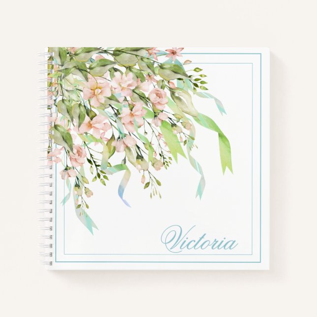 Personalized Blue Ribbons Greenery Elegant Name Notebook (Front)