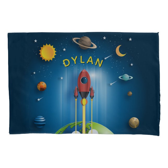 Personalized Blue Rocket Ship Boy's Pillowcase (Front)