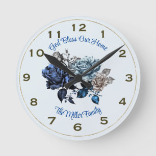 Personalized Blue Rose Wall Clock God Bless Our H