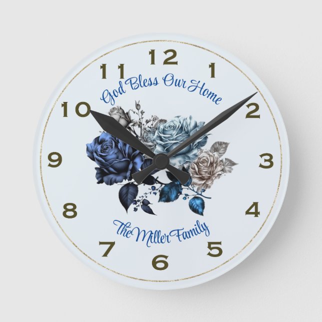 Personalized Blue Rose Wall Clock God Bless Our H (Front)