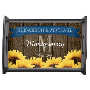 PERSONALIZED BLUE RUSTIC SUNFLOWER WEDDING SERVING TRAY